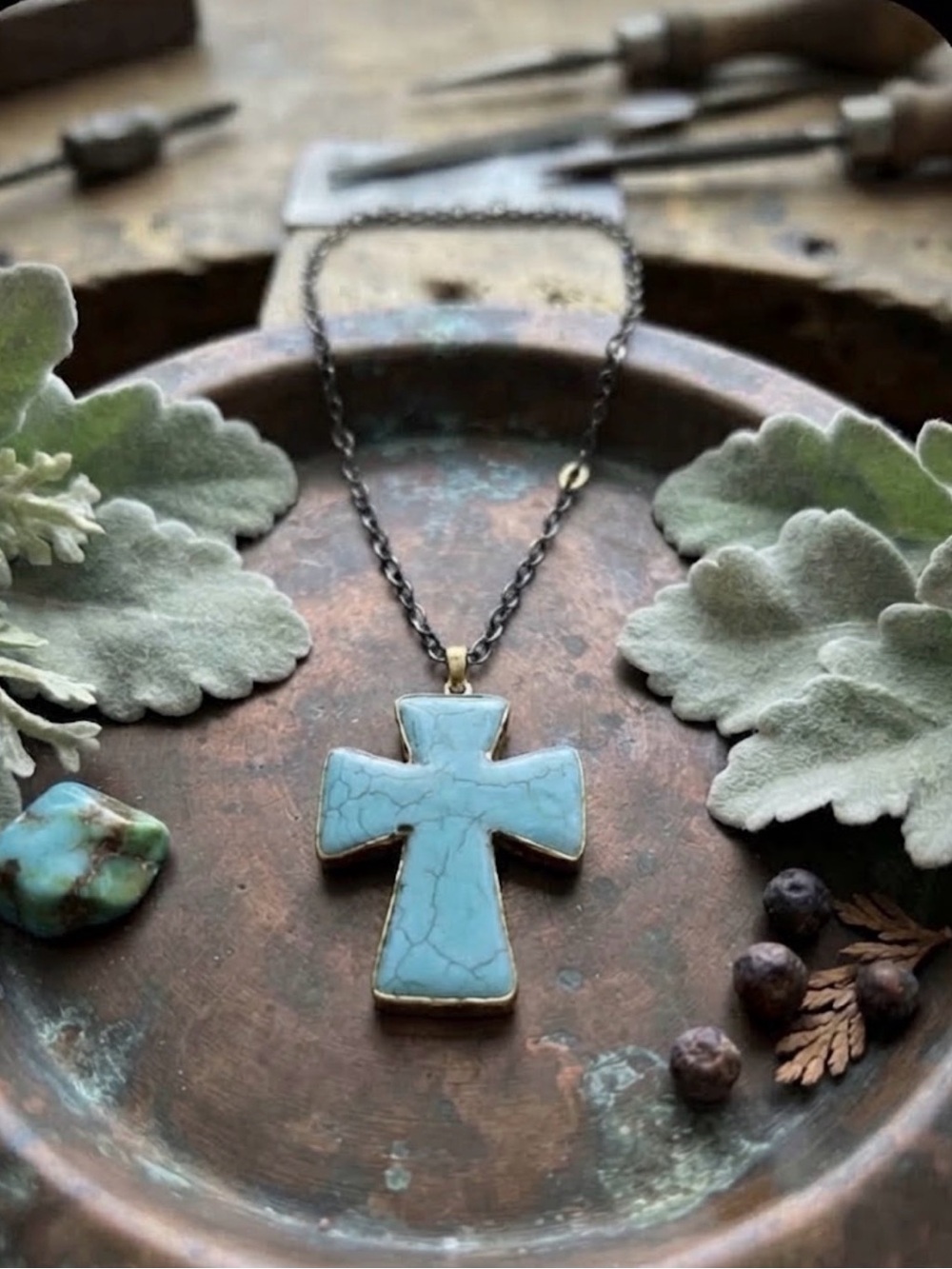 Rustic Bohemian Turquoise Cross Pendant Necklace - Blue Jewelry